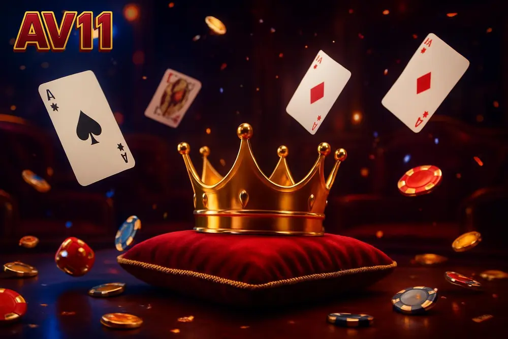 AV11 Bangladesh casino โ golden crown on cushion amid flying cards in blue neon lounge AV11 Bangladesh casino โ golden crown on cushion amid flying cards in blue neon lounge
